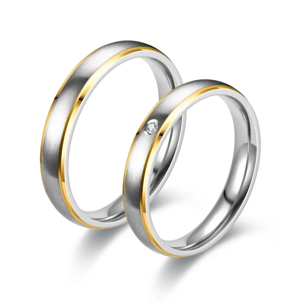 Anel casal, novo 4mm titânio aço duplo passo prata interouro zircônia anel casal de alta qualidade banhado a ouro anel de casamento preço baixo, atacado