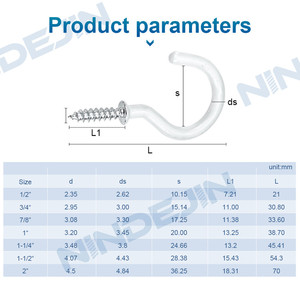 Plastik kaplı kupa kanca vida <span class=keywords><strong>1</strong></span> "<span class=keywords><strong>1</strong></span>/2" 3/4 "5/8" 7/8 "dokunarak vida tavan asılı ekran kancaları