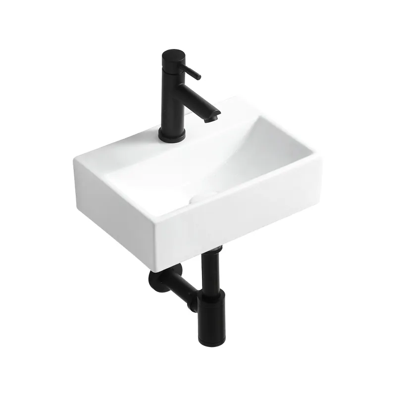 Lavabo de cerámica montado en la pared, lavabo rectangular de baño de tamaño pequeño