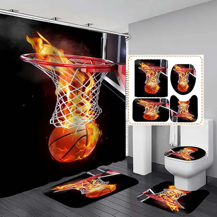 ボーイズギフト4 pcsモダンポリエステル防水炎バスケットボールシャワーカーテンセットバスルーム用