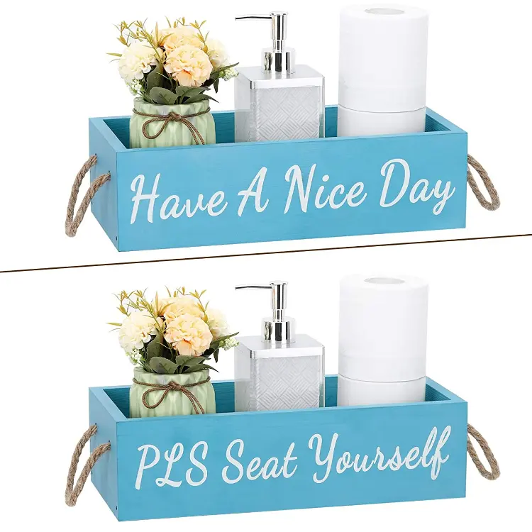 Caja de decoración de baño decoración del hogar 2 lados de letrero divertido papel soporte de toallas de madera soporte organizador de pañales (azul) para inodoro