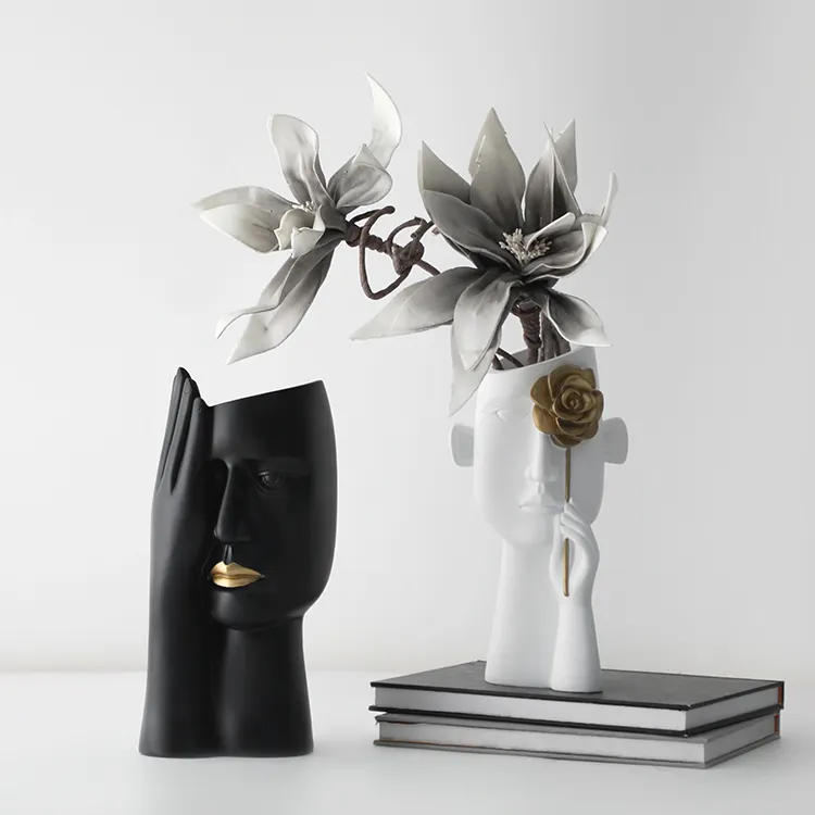 Grosir Dekorasi Rumah Vas Wajah Abstrak Keramik Nordic Pot Bunga Pekebun Dalam Ruangan Dekorasi Vas Resin Putih Patung