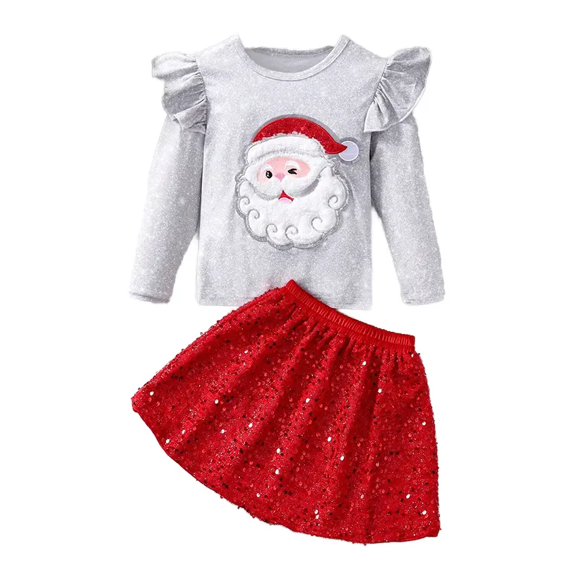 Giáng Sinh Trang Phục Tùy Biến Cô Gái Trẻ Xmas Santa Claus Chenille Và Sáng Bóng Sequin Thêu Dress Set Với Ruffle Trim