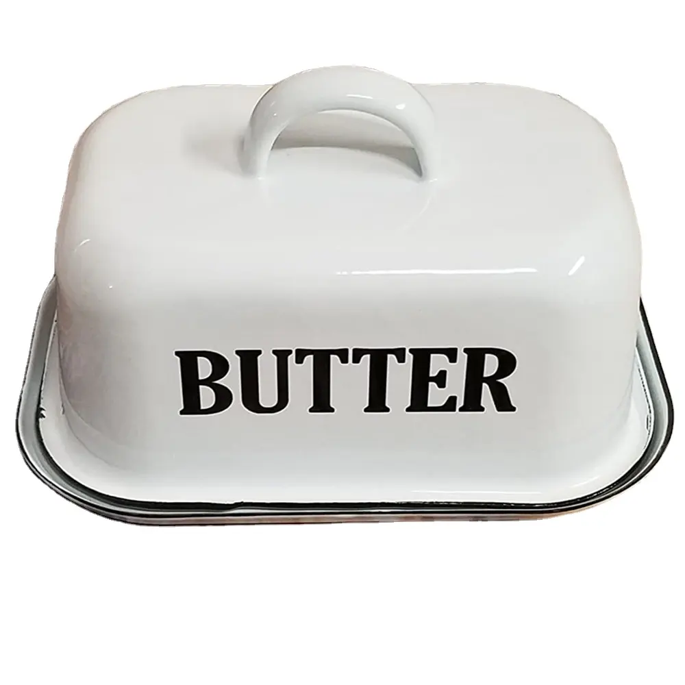 18cm 빈티지 주방 디너 도자기 사용자 정의 로고 인쇄 사각형 화이트 식품 저장 덮여 에나멜 버터 접시 뚜껑