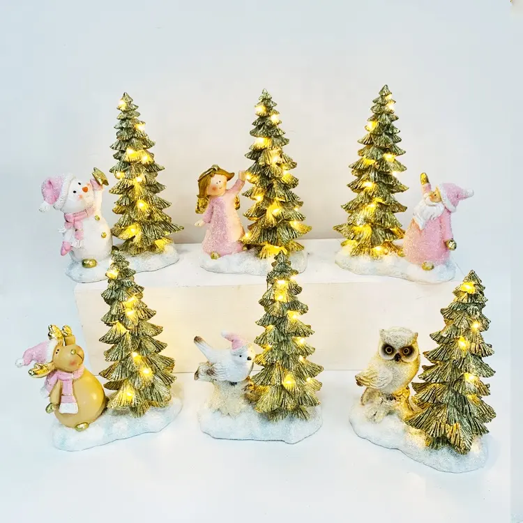 6 peças Gift Sets Pássaro Estatueta Resina Led Cena de Natal com boneco de neve Anjo Santa Rena Crianças Xmas Árvore Branco e Rosa