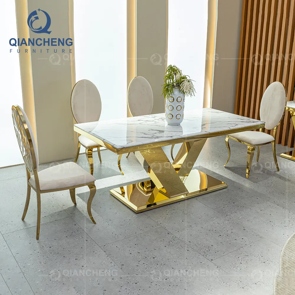 Mesa de jantar dourada luxuosa com mármore branco superior banquete mesa móveis oem conjunto de mesa de jantar