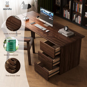 Durable New Chinese Style Real Walnut Wood Laptop <strong>Table</strong> with 3 Drawers Office Home 1.4M Dark Study <strong>Computer</strong> Desk for Storage - Product Image 5