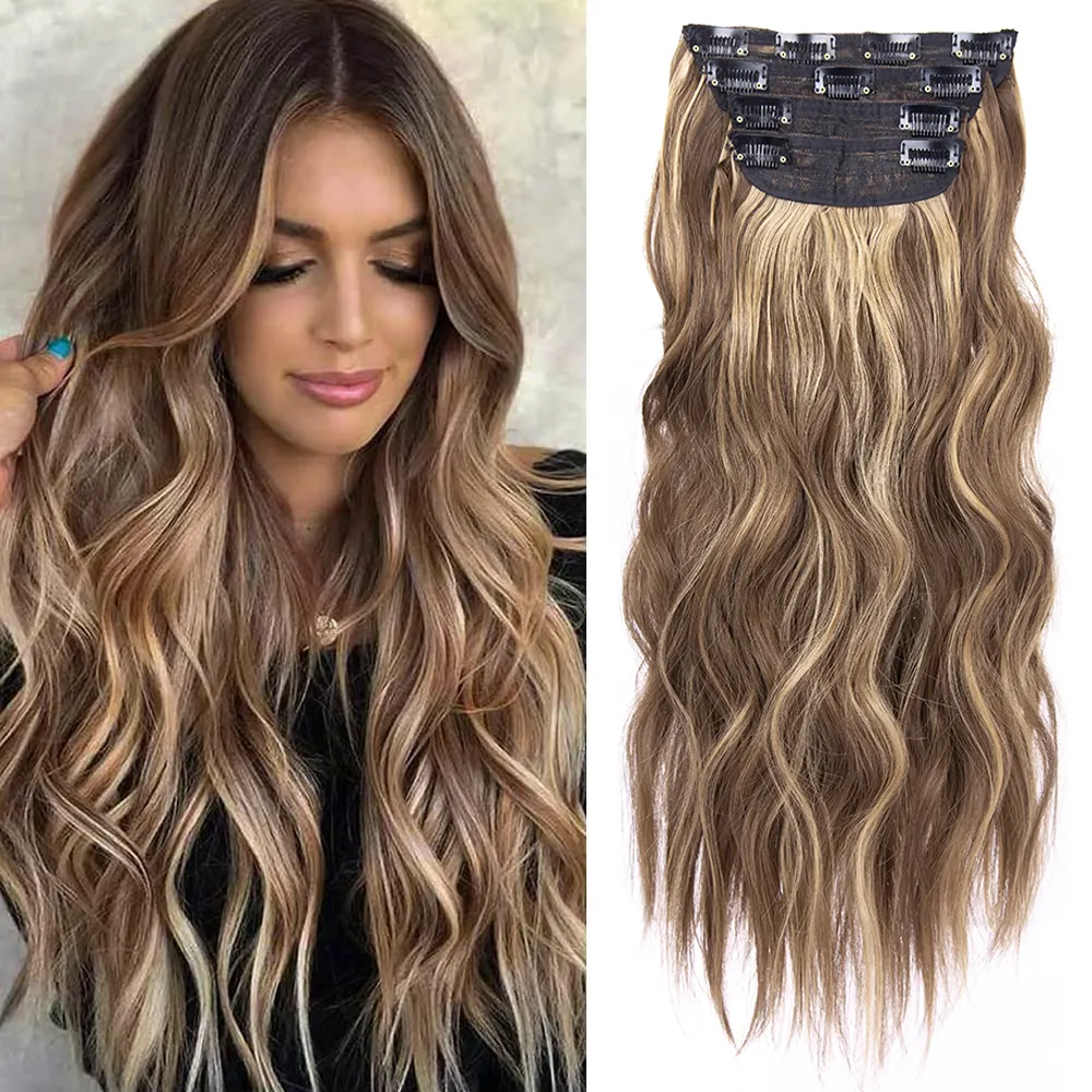 AliLeader 11 Clips em Longo Ondulado Cabelo Sintético Pedaço 4 pçs/pacote Direto Grosso Hairpieces Duplo Trama Extensões de Cabelo para As Mulheres