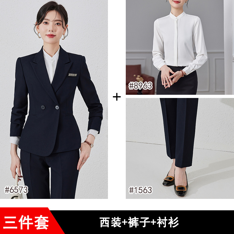 Navy blue suit, white shirt and trousers