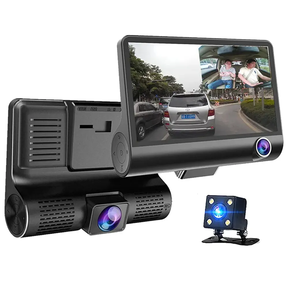 Высококачественный Автомобильный видеорегистратор 4 дюйма с 3 объективами, автомобильная камера с тройным объективом HD 1080P, видеорегистратор с углом обзора 170 градусов, автомобильный черный ящик