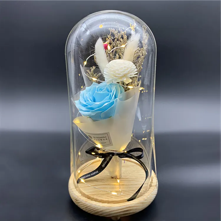 Mini ramo de flores artificiales para decoración del hogar, Luz LED multicolor, mini ramo de rosas en cúpula de cristal transparente, venta al por mayor