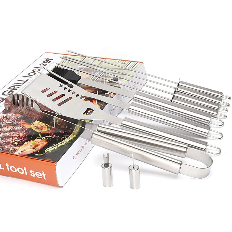 Wholesale OEM outdoor color boxed stainless steel tongs spatula fork skewers basting brush corn holders bbq set