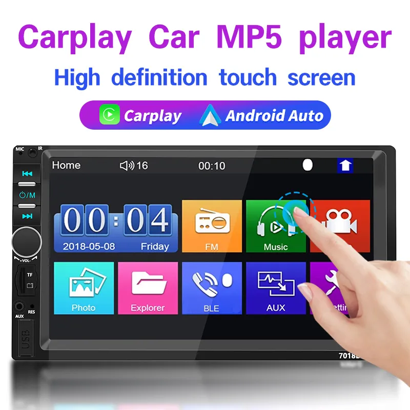 Écran 7 ''avec caméra de recul de recul Radio stéréo de voiture Lecteur DVD MP5 Multimédia Double Din avec Carplay et Android Auto