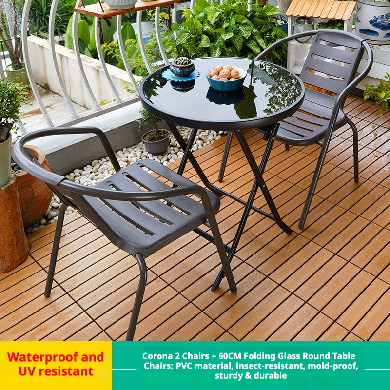 Corona 2 chaises + table ronde pliante en verre 60cm