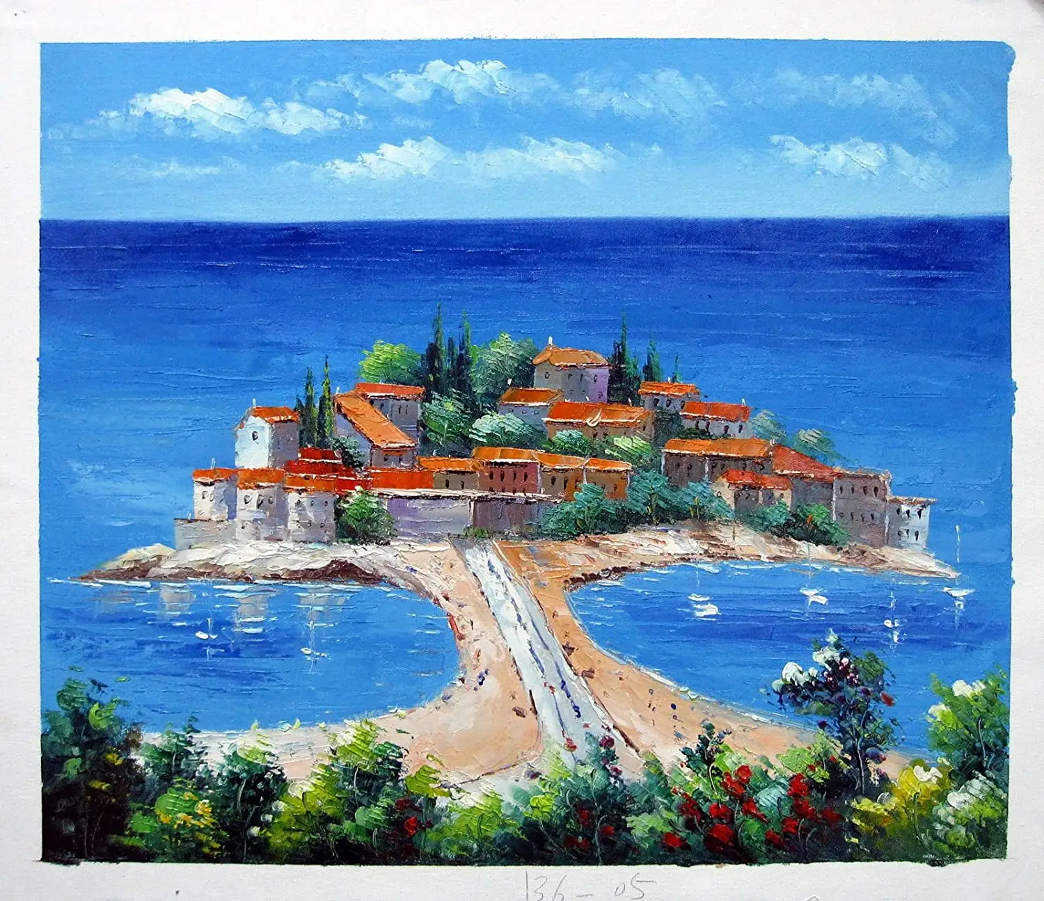 Mediterrâneo praia paisagem pintura a óleo pintado à mão lona parede arte paisagem