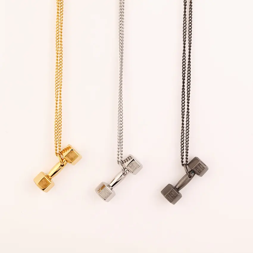 Hot Sale Charm Gym Fitness Accessory Barbell for men couple jewelry silver and gold pendant necklace