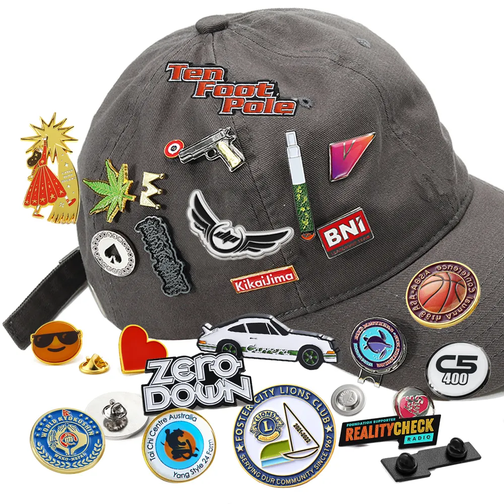 Toptan özel Logo gömme beyzbol şapkası Pins sert yumuşak emaye pimleri mıknatıs rozeti yaka pimleri ile giysi şapka için ücretsiz tasarım
