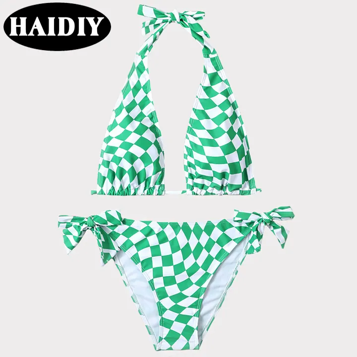 Nuevo sexy color sólido blanco cuadros estampados cuello colgante vendaje dos piezas Bikini ropa de playa traje de baño mujeres traje de baño sin espalda