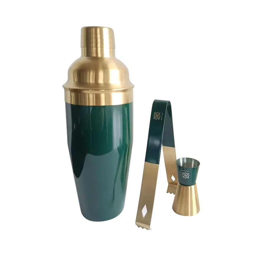 Wholesale Custom 3 Piece Stainless Steel Bar Tools Green Gold Wine Whisky Beverage Bartending Mixer Cocktail Shaker Set Party