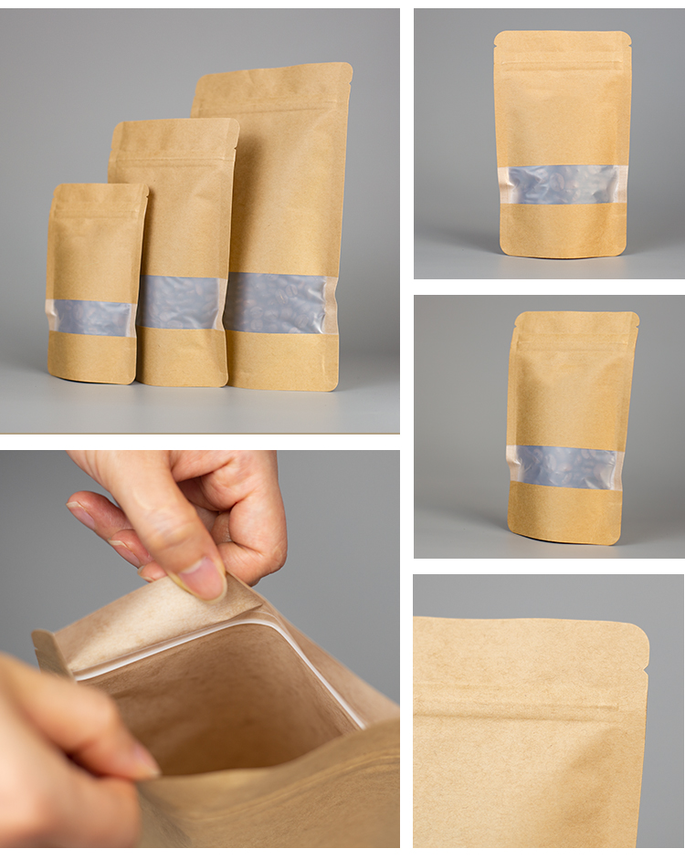 Kraft Paper Home Compostable Stand Up Pouch For Coffee Beans Or Powder Food Packaging