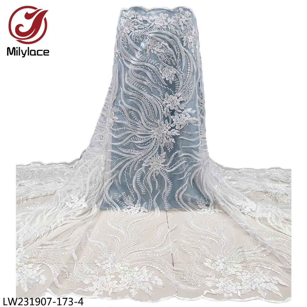 Beyaz boncuklu dantel kumaş nijeryalı düğün dantel kumaş 2021 pullu nakış boncuklu dantel kumaş kadınlar için