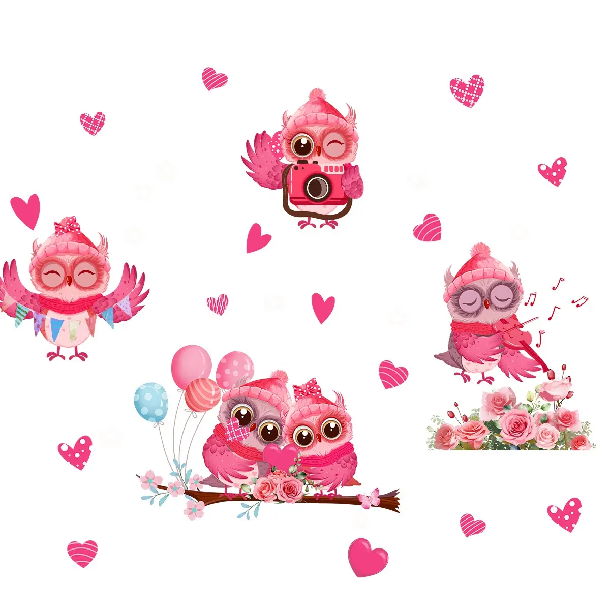 San Valentino romantico rosa cartone animato amore gufo adesivo per finestra vetro elettrostatico decorazione per la casa adesivo carta da parati