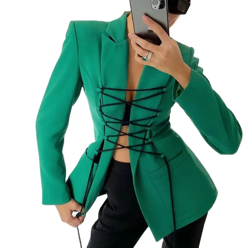 2022 Fashion Design Revers Business Blazer Casual Office Sexy Bandage Dames Jassen Lange Jas Blazer Voor Dames