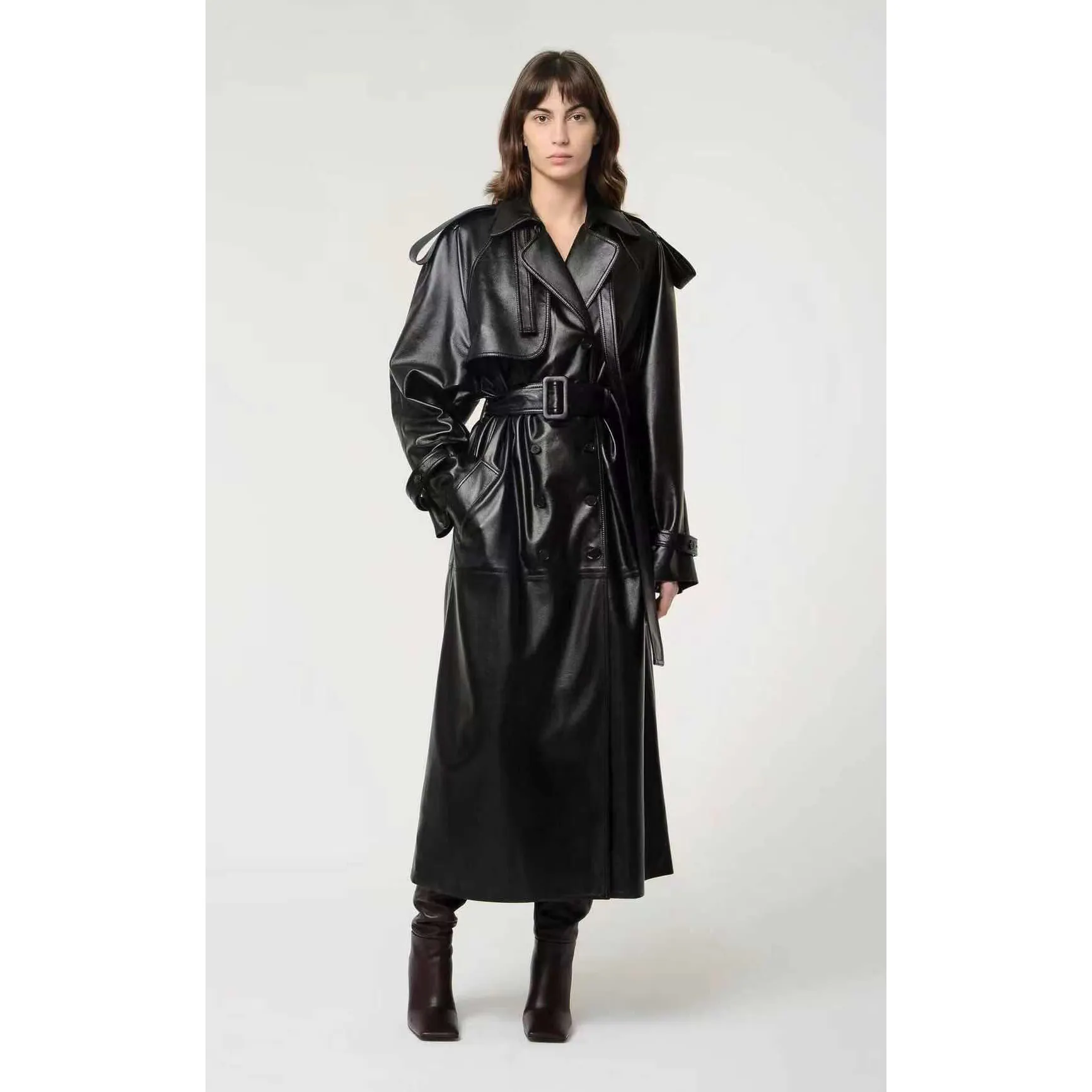 Jaqueta feminina couro sintético a5741, casaco longo estilo simples inverno