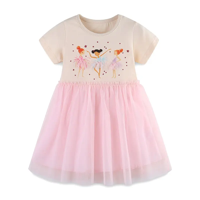 Vestido de gaze infantil fofo para meninas, vestido de princesa estampado de malha com desenhos animados europeus e americanos, novidade de verão 2024