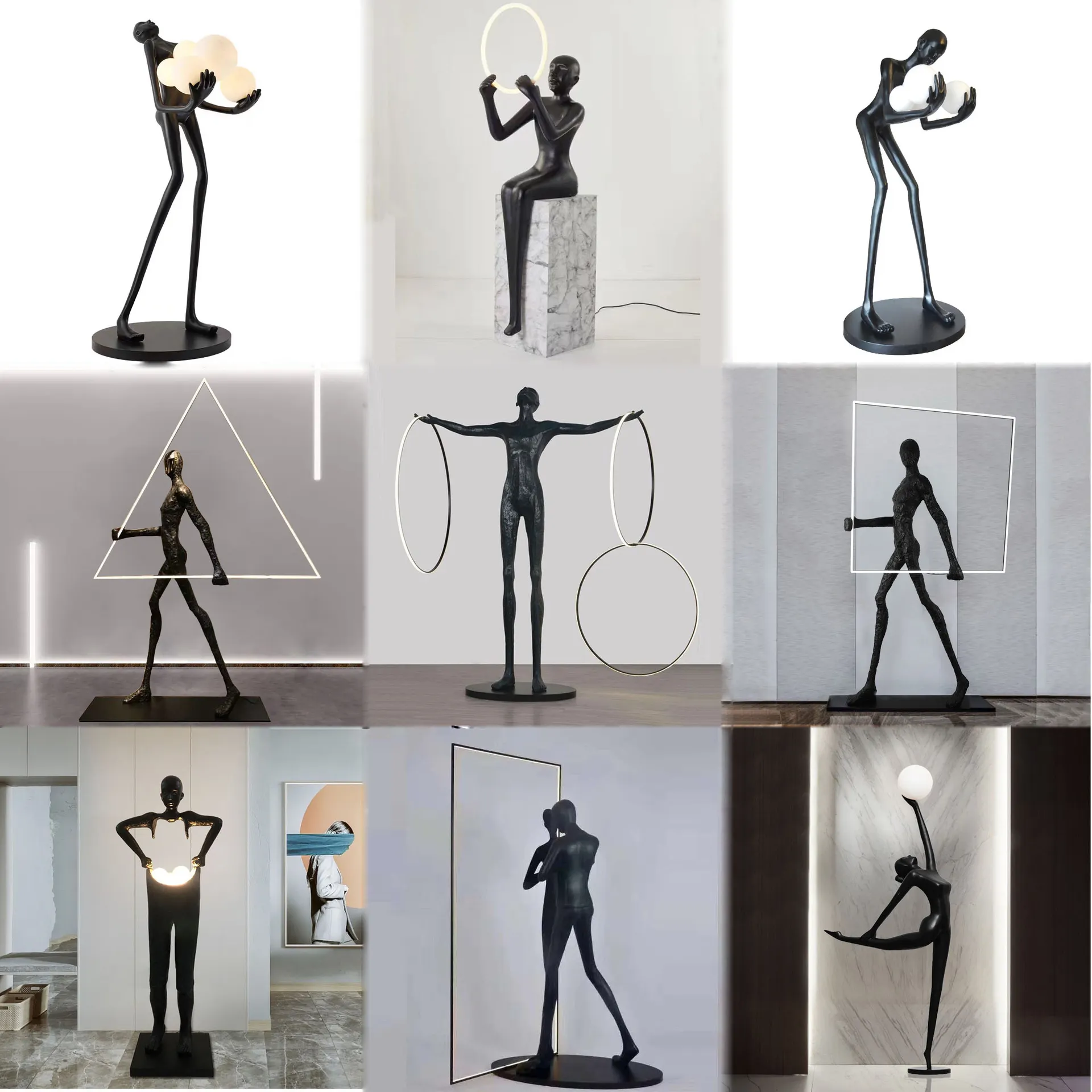 Popolare moderno creativo in piedi luce scultura resina corpo nero che tiene palline lampada da terra a LED per la decorazione del soggiorno
