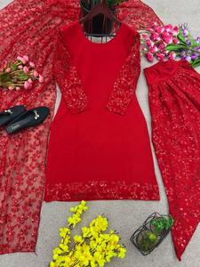Ağır Plazo kurti set 3 adet kurta plazo set uzun kurtis hindistan'da kadınlar için etnik hint geleneksel giyim bayan ve kızlar için - Product Image 4