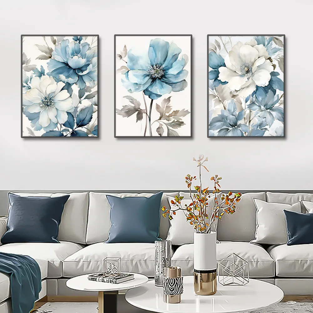 थोक नई बिना फ्रेम वाली कैनवास पेंटिंग वॉल आर्ट पोस्टर पिक्चर वाटरप्रूफ 3 पीस नीले फूल कैनवास प्रिंट घर के कमरे की सजावट के लिए