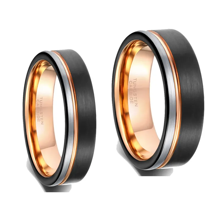 2023 nuovo arrivo moda coppia classica gioielleria raffinata 6mm 8mm anelli in acciaio al tungsteno a tre colori in oro rosa