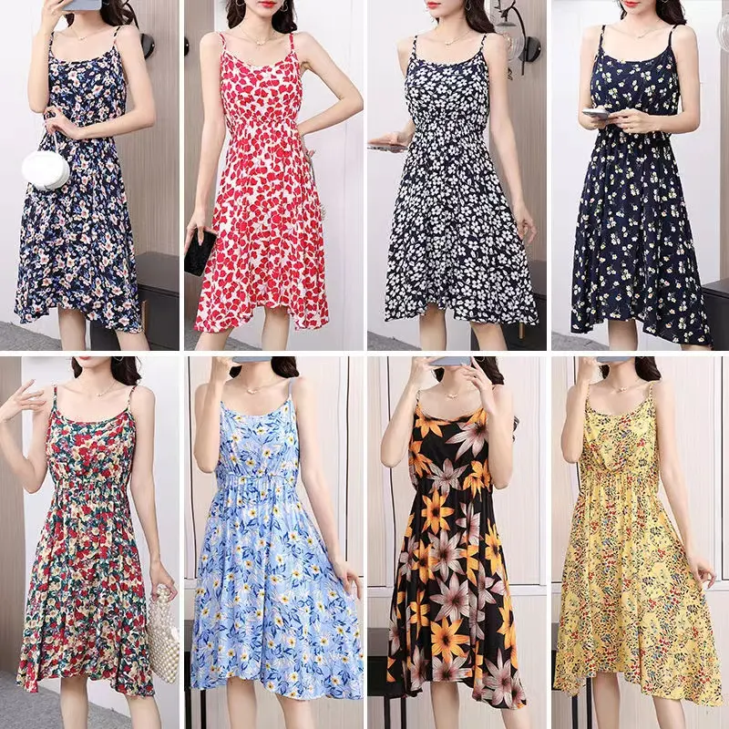 Mais Populares Bonito Coreano Sling Vestidos Elástico Cintura Alta Floral Impresso Nova Moda Senhoras Vestido