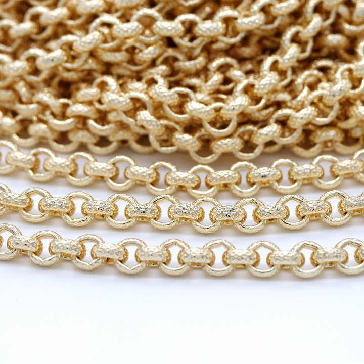 Textured Rolo Chain | 14K Gold-Plated Brass Square Pattern Open Link Chain for DIY Jewelry Making | Wholesale by the Meter