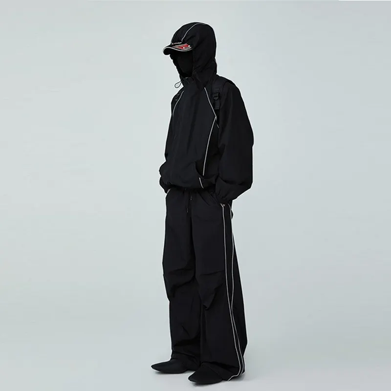 Nueva moda de gran tamaño chándal de nailon de 2 piezas Conjunto de jogging chaqueta cortavientos reflectante chándal para hombres