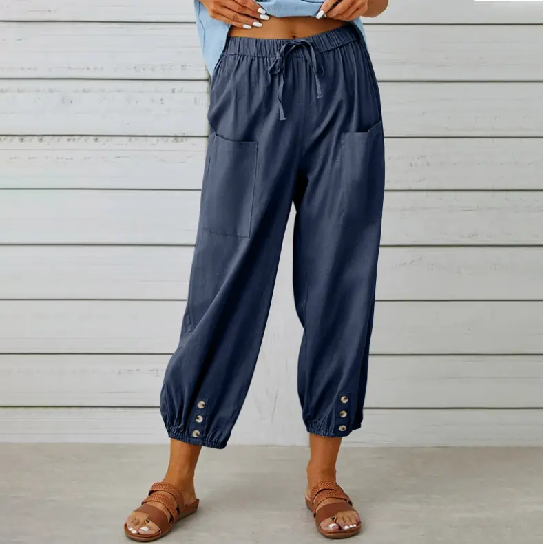 EUA 2023 Mulheres Vestuário algodão orgânico Womens cotton Linen Buttons Cropped Pants Casual Work Wide Leg Pants Stretch Capris