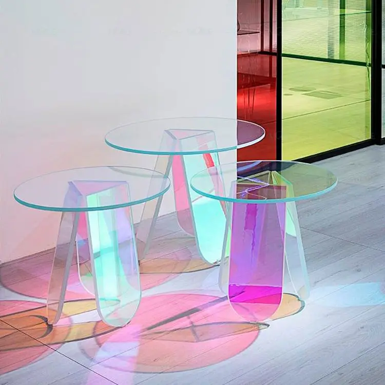 Mesa de centro acrílica colorida de lujo para sala de estar, sofá moderno nórdico de iridiscencia clara, arco iris