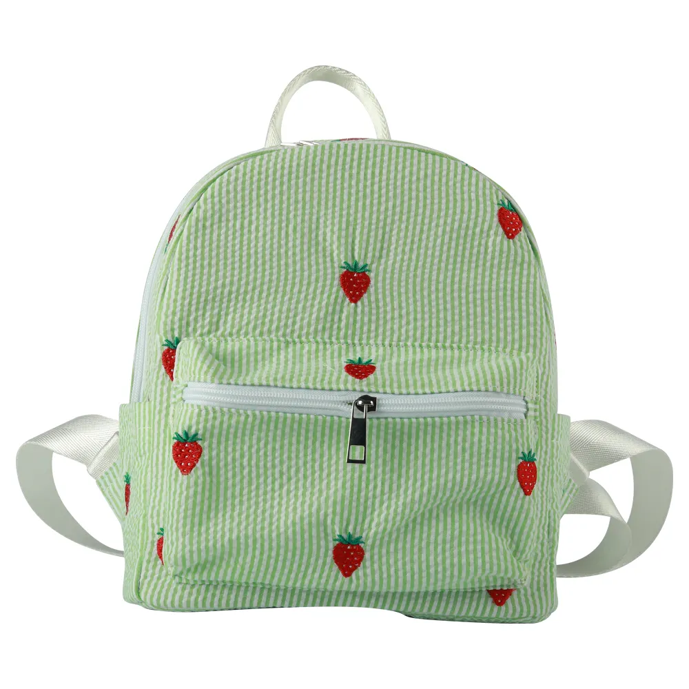 Alta qualidade logotipo personalizado crianças mochila agradável morango bordado impresso escola sacos crianças