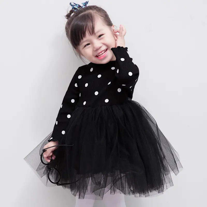 Ropa bonita para niños, vestidos de jersey de manga larga de lunares para niñas, Vestido de punto de hilo largo esponjoso para niños