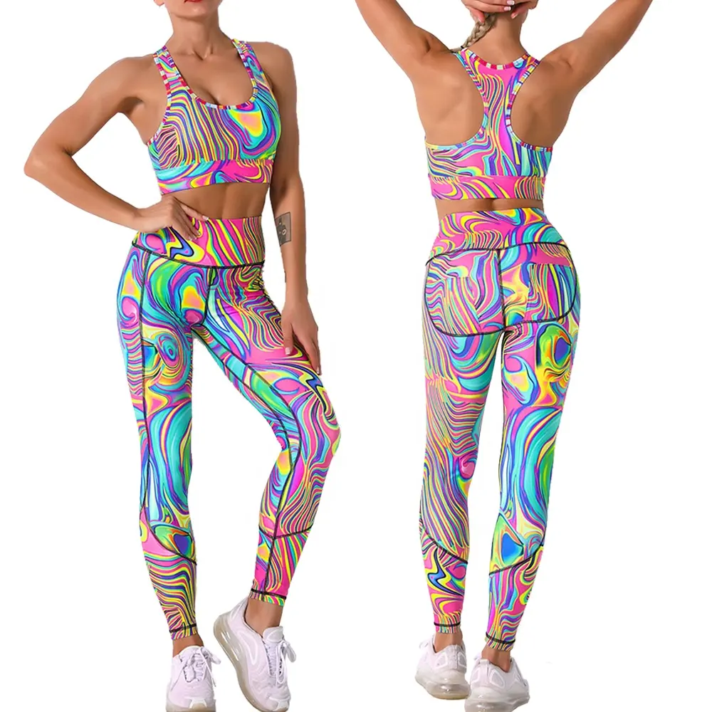 Set di leggings da yoga a vita alta colorati colorati e traspiranti a vita alta con stampa digitale