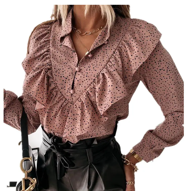 Chemisier à volants élégant à pois pour femmes Chemisier d'automne à manches longues et col en V Pullover Tops Office Lady Casual Loose Button blouse