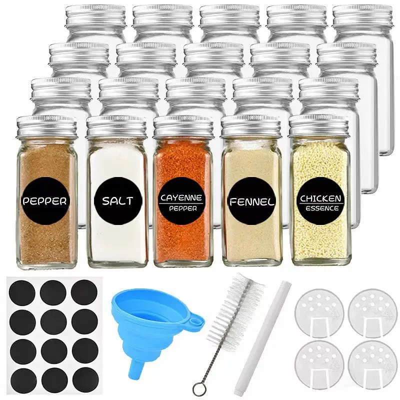 Frascos de vidrio para especias, botellas con etiquetas para especias, recipientes cuadrados vacíos para condimentos, tapas de agitador, tapa de Metal hermética