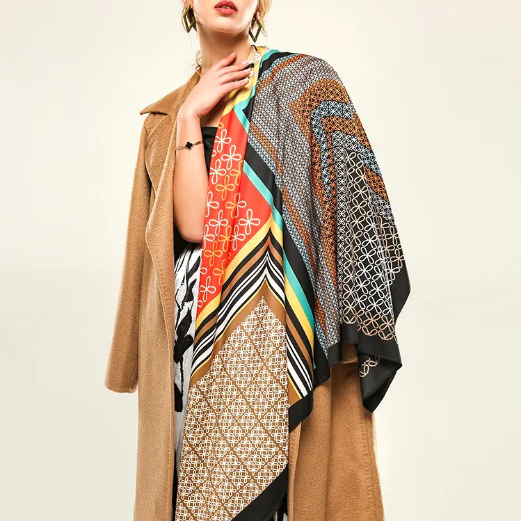 Nuevo patrón de lazo de seda de sarga 135*135cm bufanda cuadrada para mujer bufanda chal grande de sensación de seda