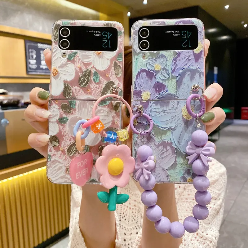 Fashion Painting Flower Wrist Chain Phone Case Cover for Samsung Galaxy z fold 4 5g folding Mobile Phone Cases