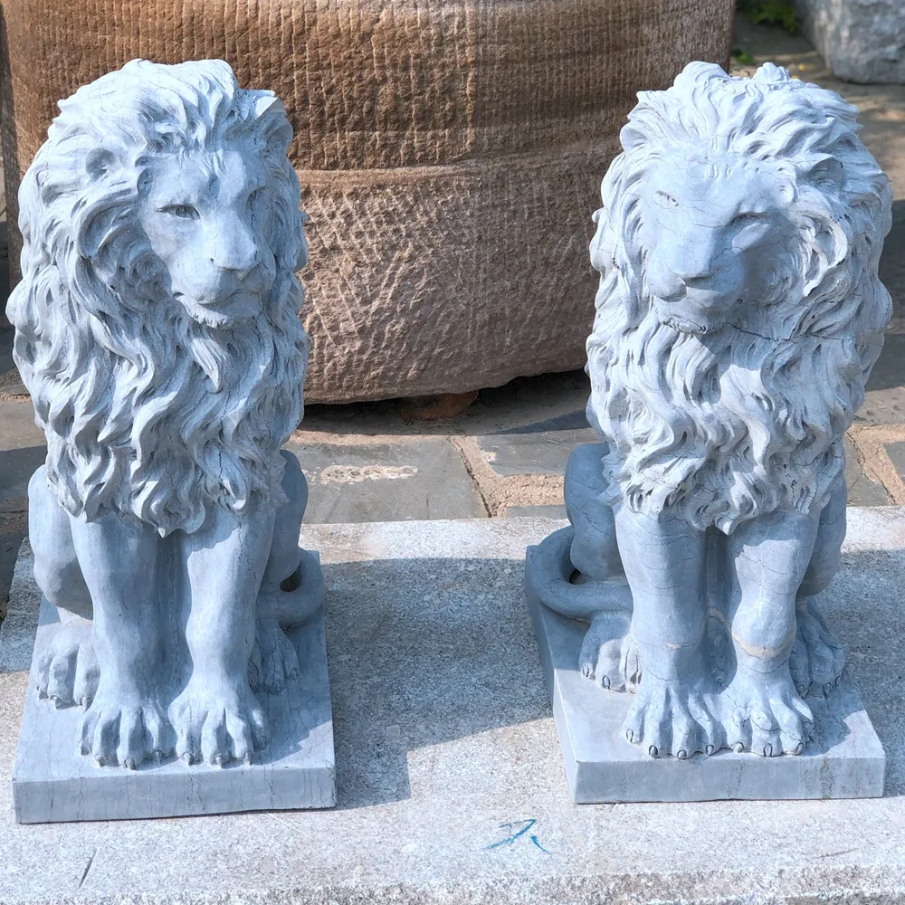 H50cm Small Animal carvings stone nature black marble blue limestone outdoor lion statue