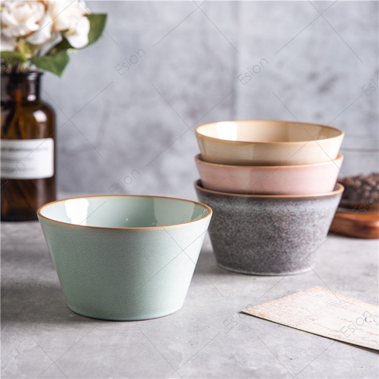 Customized Hand Painted Stoneware reactive glaze gold rim Microwave Safe ceramic rice bowl soup bowl