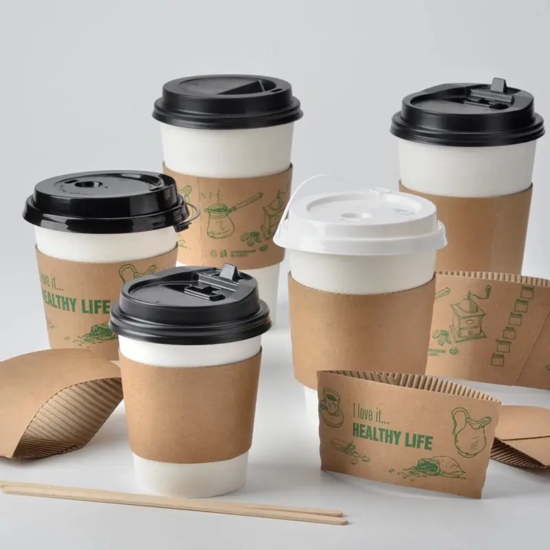 蓋と袖付きプラスチック紙12オンス使い捨てコーヒーカップ