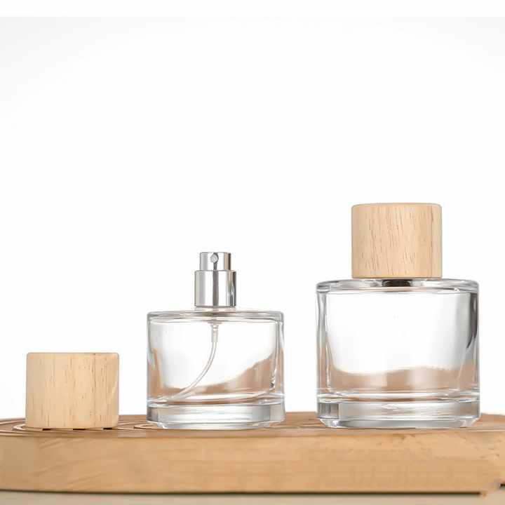 30ml 50ml 100ml yuvarlak şeffaf şeffaf ahşap kapak parfüm cam şişeler özel lüks 100ml parfüm şişe ambalajı kutu