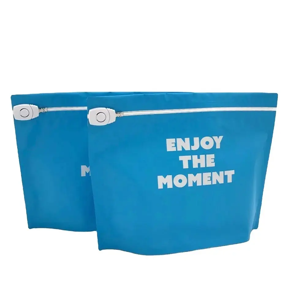 Harga pabrik kemasan dapat digunakan kembali penyimpanan plastik ritsleting tahan air sisi segel panas penggeser biru tas ritsleting tahan anak-anak
